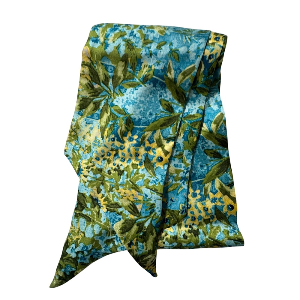 Vintage Floral Skinny Scarf Blue Green Yellow Botanical Hair Tie Sash 66 Inch